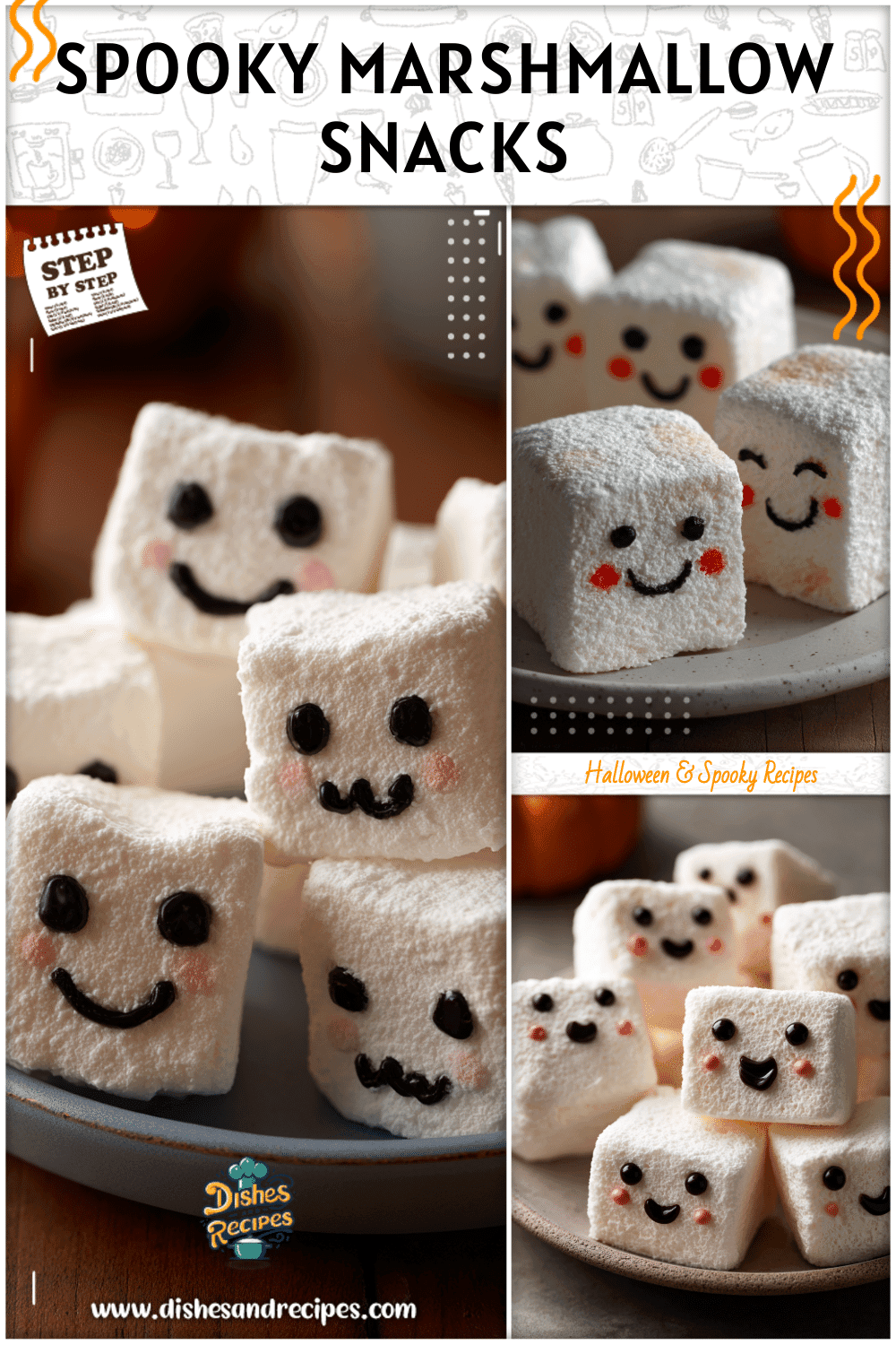 Stay Puft marshmallows decorated with spooky faces served as fun Halloween food on a party plate.